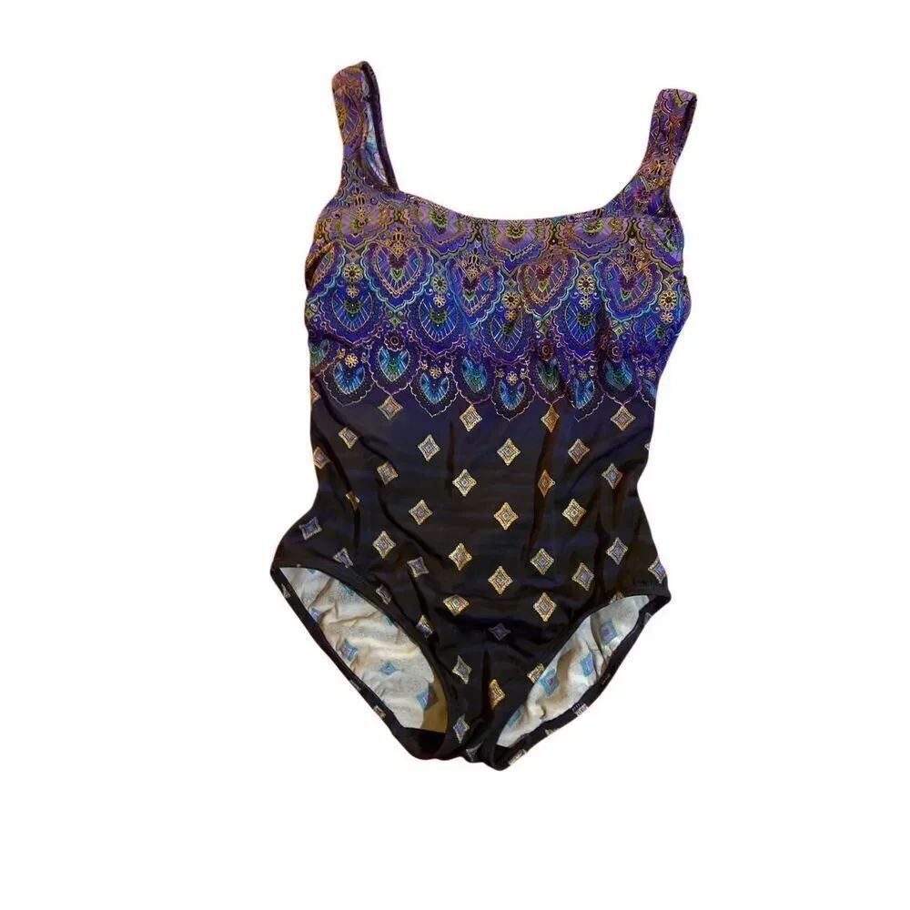 Robby Len Woman’s One Piece Scoop Neck Peacock Swimsuit Size 10